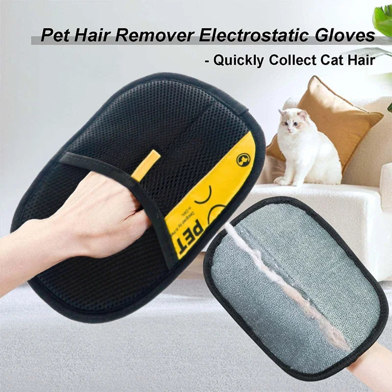 Electrostatic Pet Hair Remover Gloves - Reusable & Washable Grooming Glove with 2-in-1 Lint Roller Brush for Cats & Dogs - Safe & Effective Hair Removal
